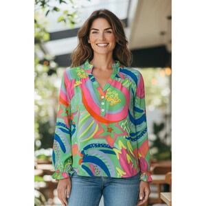 Michelle McDowell Psychedelic Print Button Up Blouse Long Sleeve Women's XS